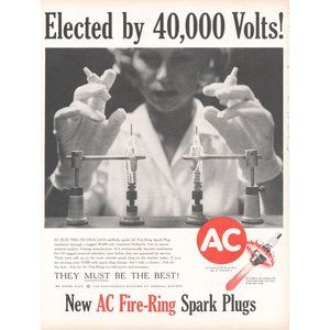 1960 AC Fire Ring Spark Plugs Vintage Print Ad 40,000 Volts Science Lab Wall Art